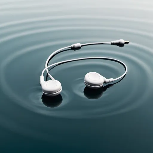 Prompt: a pair of earphones floating on the water, in a minimal style