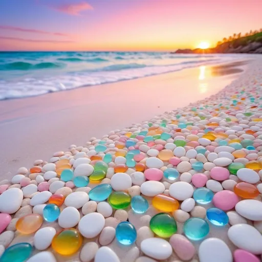 Prompt: magical beach with crystal clear blue water and pink, green, blue, yellow, white and clear glass pebbles and an orange and yellow sunset