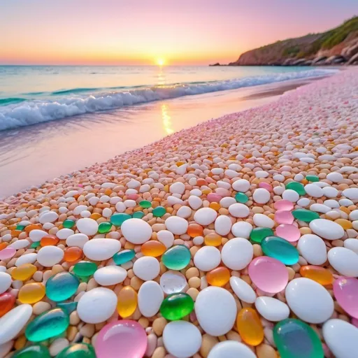 Prompt: magical beach with crystal clear blue water and pink, green, yellow, white and clear glass pebbles and an orange and yellow sunset