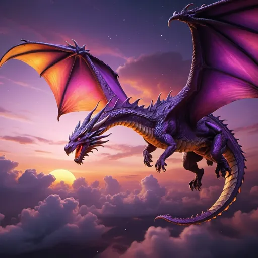 Prompt: purple shiny dragon flying through the sky breathing pink fire. The background is beautiful yellow and orange sunset with a crescent moon and stars.  