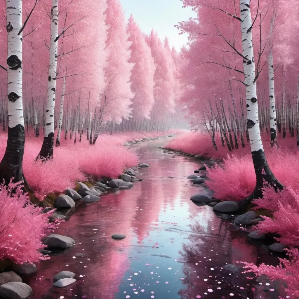 Prompt: Crystal clear shiny glittery pink river with pink water. Around it is a forest with black birch trees with pink and white leaves and sparkles in the air