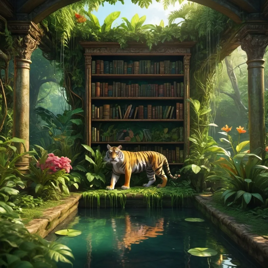 Prompt: bookshelf with old books. A shiny pond of water is below it with a tiger drinking out of it. A jungle is growing around the bookshelf with vines and flowers