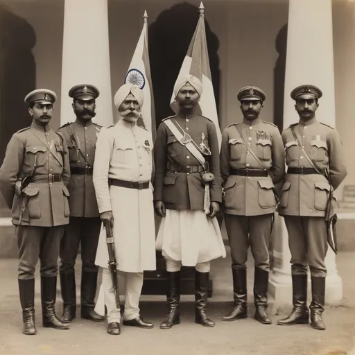 Prompt: Set of Indian freedom fighters with India flag  posing for a photograph with British officers standing with them  typical of early film photography