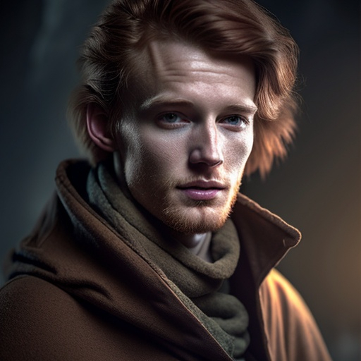 Prompt: Male 35 years wizard, dusty coat, brown reddish hair, sleepless eyes, tall and slightly hunched, high quality, fantasy, detailed character, dusty atmosphere, mystical lighting