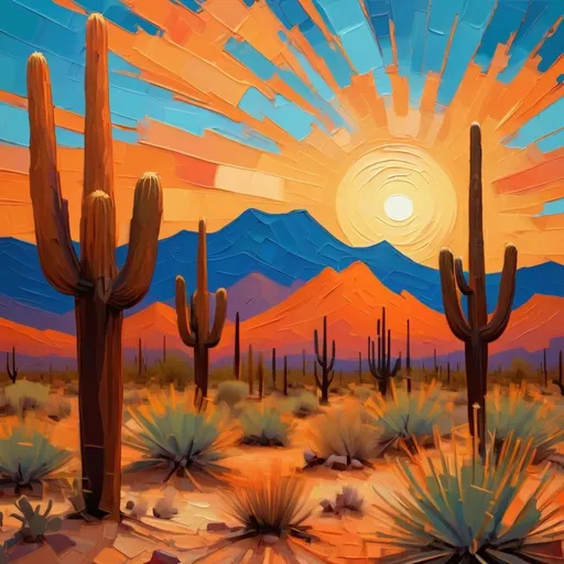 Prompt: Abstract Arizona desert scape at sunset (favoring orange) with saguaros done in the style of Van Gogh