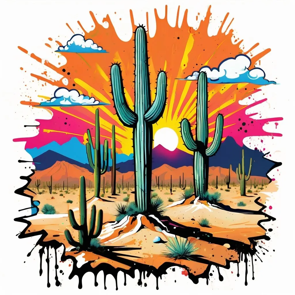 Prompt: Colorful graffiti illustration of an Arizona desert scrap with saguaros, paint splashes, vector t-shirt art, white background