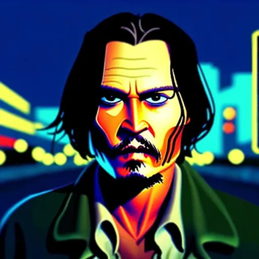 Prompt: A comics portrait of a guy bit looking like Johnny Depp, with stubble on his face. Afternoon solid lights. In the background slightly blurred image of a Budapest landscape and neon signs