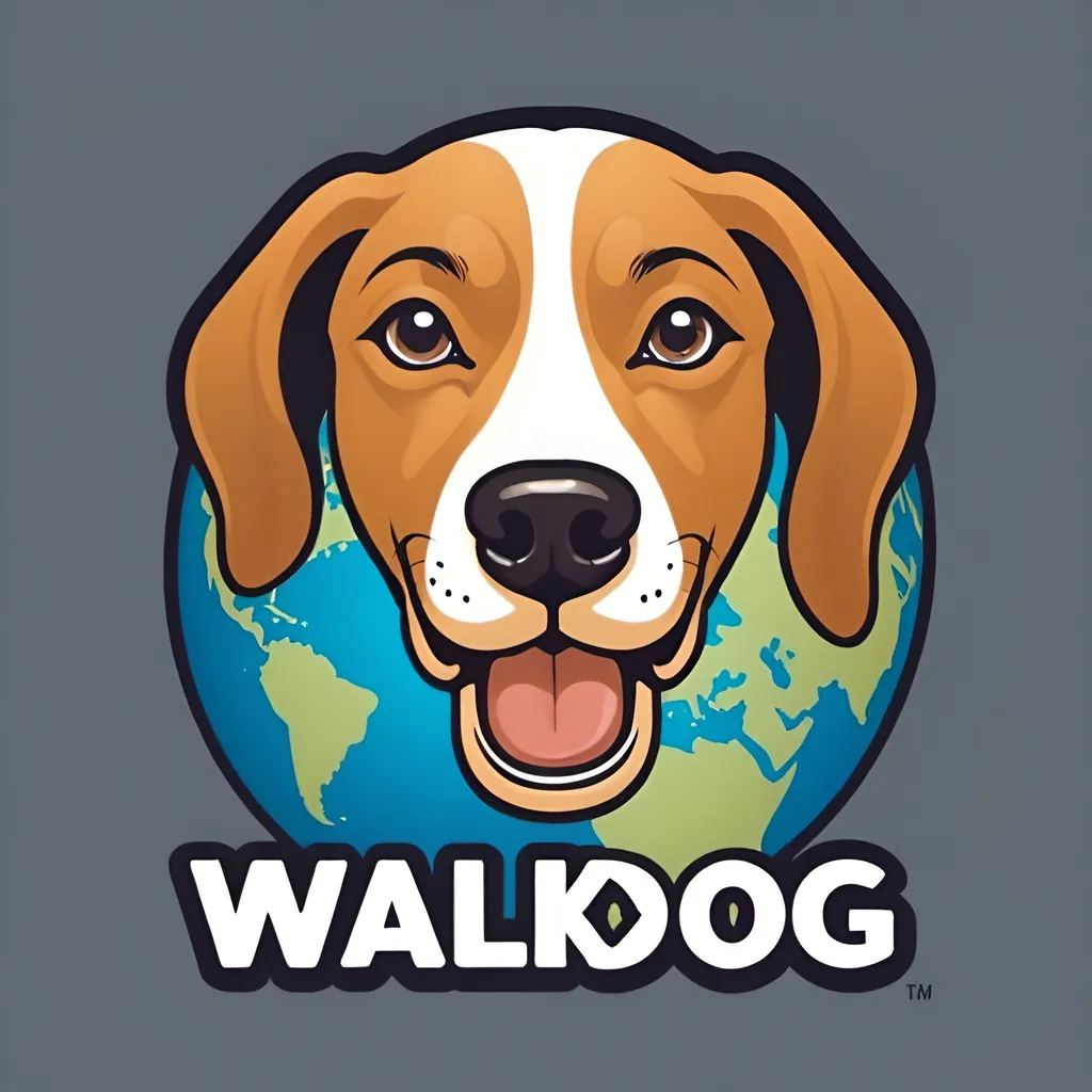 Prompt: Logo image that says "WalkDog" with the face of a dog and a globe