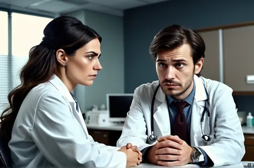 Prompt: (young crazy rich couple at the doctor's office), wife looking sad and frustrated, husband comforting her, doctor's office setting, wedding rings, designer clothing, luxurious accessories, despair, opulent and sterile environment, high contrast lighting, sharp details, realistic portrayal of emotions, professional studio lighting, ultra-detailed, 4K, emotionally intense, muted colors, cool tones, medical equipment in background, doctor's empathetic face<!--user 老虎机 -->