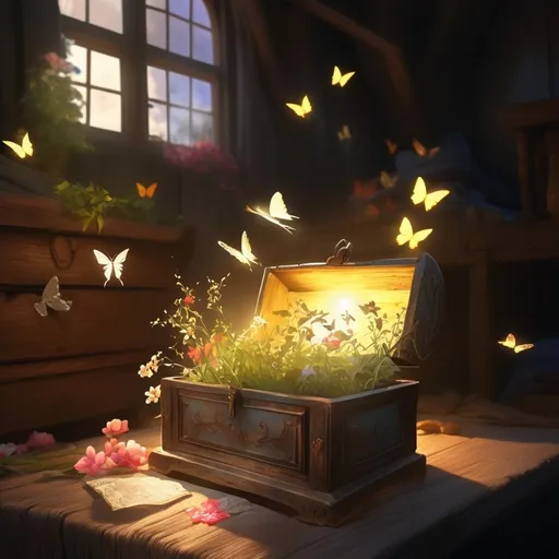 Prompt: in the focus: a treasure box flowing with a sunny sky with butterflies and flower shoots flowing out of the box in a lit corner inside a cottage, a humble peasant is sitting in the light of the treasure box 
background: the darkness of night and evil warriors battling in the background