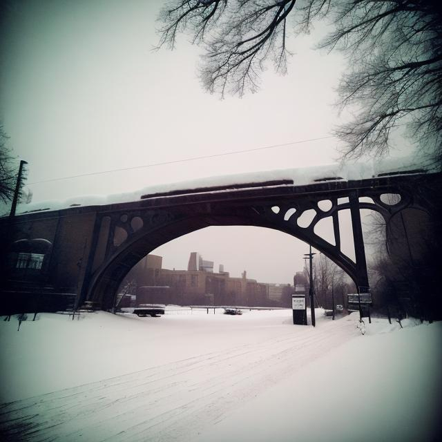 Prompt: Winter outside the creepy hotel bar under the Disraeli bridge 