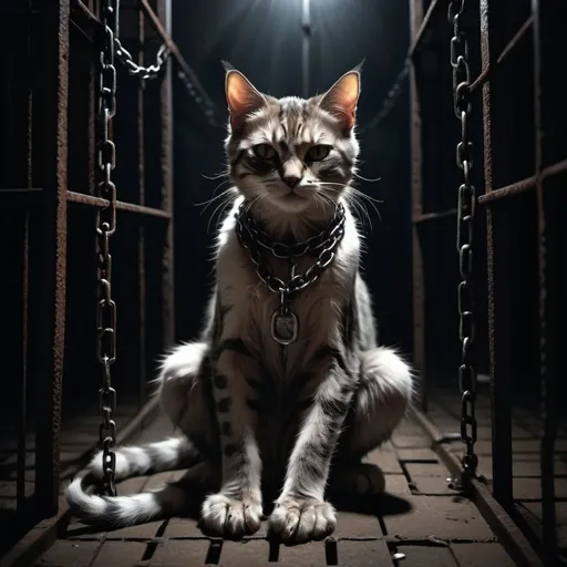 Prompt: (Evil hybrid cat and human boy), fierce expression, long fluffy tail, cat-like paws on a human body, trapped in a dark, rusty cage, wearing torn pants, glaring intensity, chain necklace dangling from mouth, heavily chained by neck, hands, and feet to a cold cell, shadows casting ominous tones, deeply atmospheric, gritty and dramatic ambiance, ultra-detailed, high quality, haunting mood.