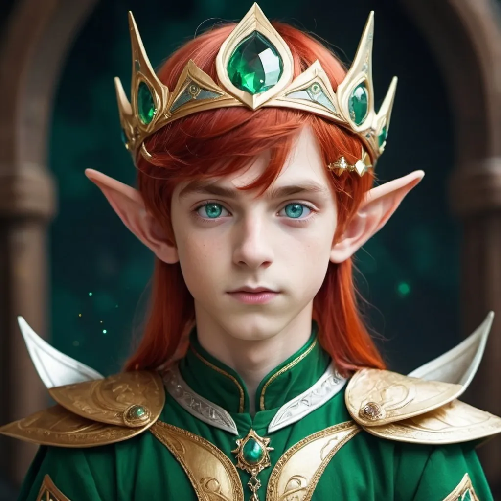Prompt: Royal boy elf green and gold royal clothes blue eyes red hair with silver bangs royal headpiece in the middle of fantasy space