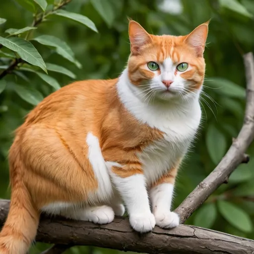 Prompt: Orange  male cat green eyes with a white stomach on a branch with a bird at its paws half grown
