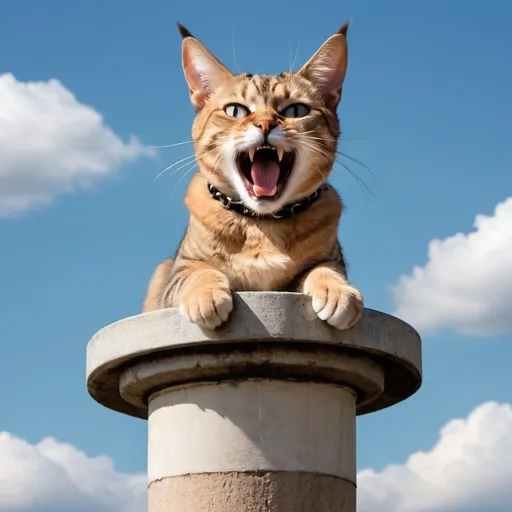 Prompt: A hybrid cat and human (cat ears human body) on a pillar in the sky chained to pillar with screaming face 
