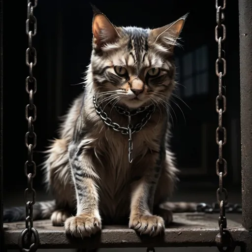 Prompt: (Evil hybrid cat and human boy), fierce expression, sharp cat ears, long fluffy tail, cat-like paws on a human body, trapped in a dark, rusty cage, wearing torn pants, glaring intensity, chain necklace dangling from mouth, heavily chained by neck, hands, and feet to a cold cell, shadows casting ominous tones, deeply atmospheric, gritty and dramatic ambiance, ultra-detailed, high quality, haunting mood.