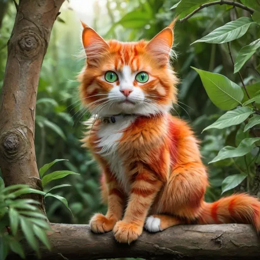 Prompt: A cat green eyes red and orange fur sitting on a branch in a tree in the jungle and with a mouse at its paws