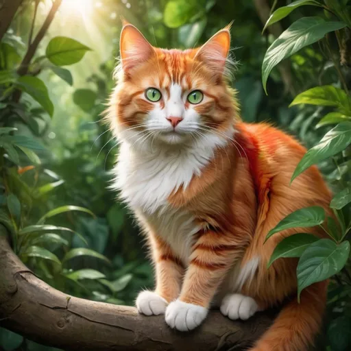 Prompt: A cat green eyes red and orange fur sitting on a branch in a tree in the jungle and with a mouse at its paws