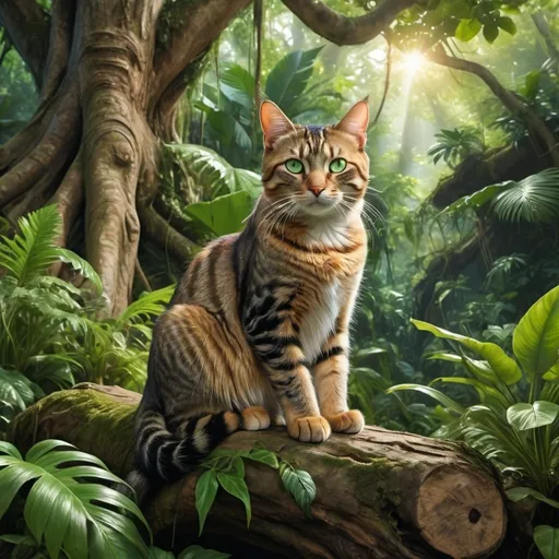 Prompt: A tabby red and yellow with green eyes and black whiskers and blue paws she cat sitting on a root at the base of a tree in a jungle