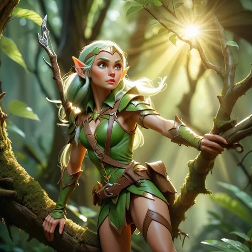 Prompt: Elf woman ranger, in a mystical fantasy jungle, shooting a tree while on a tree branch,sunlight shinning through the leaves in mid day