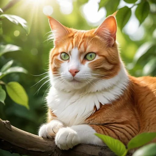 Prompt: Orange  male cat green eyes with a white stomach on a branch with a bird at its paws half grown
