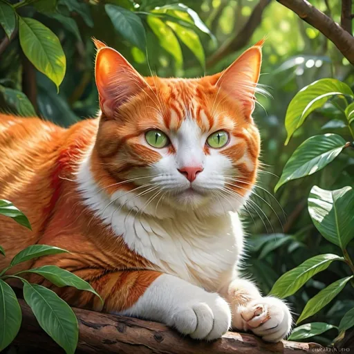 Prompt: Orange and red male cat green eyes with a white stomach and a orange and red neck on a branch in a jungle with a bird at its paws half grown
