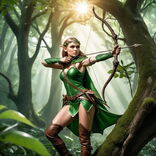 Prompt: Elf woman ranger, green royal elf ranger clothes, ranger circlet, green and brown boots, in a mystical fantasy jungle, shooting a tree with a bow and arrow, while on a tree branch,sunlight shinning through the leaves in mid day