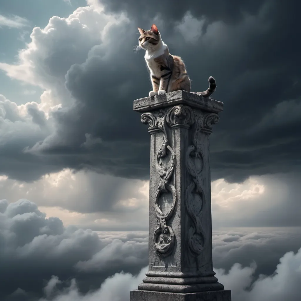 Prompt: A hybrid cat and human (cat ears human body) on a pillar in the sky chained to pillar with screaming face 
