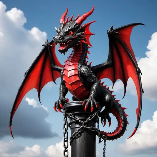 Prompt: Baby black and red dragon with blood dripping from mouth and on a black pillar in the sky with chains around its neck and ankles
