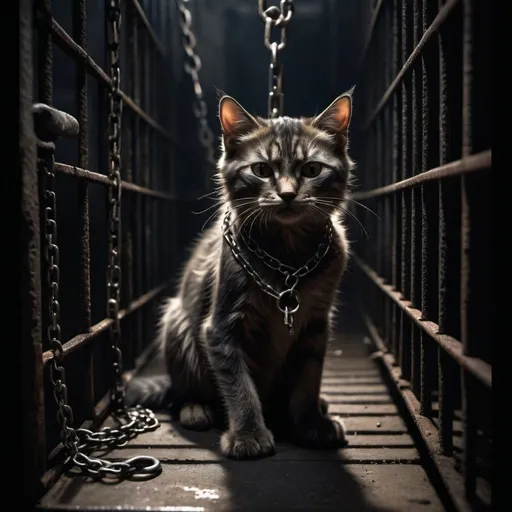 Prompt: (Evil hybrid cat and human boy), fierce expression, long fluffy tail, cat-like paws on a human body, trapped in a dark, rusty cage, wearing torn pants, glaring intensity, chain necklace dangling from mouth, heavily chained by neck, hands, and feet to a cold cell, shadows casting ominous tones, deeply atmospheric, gritty and dramatic ambiance, ultra-detailed, high quality, haunting mood.