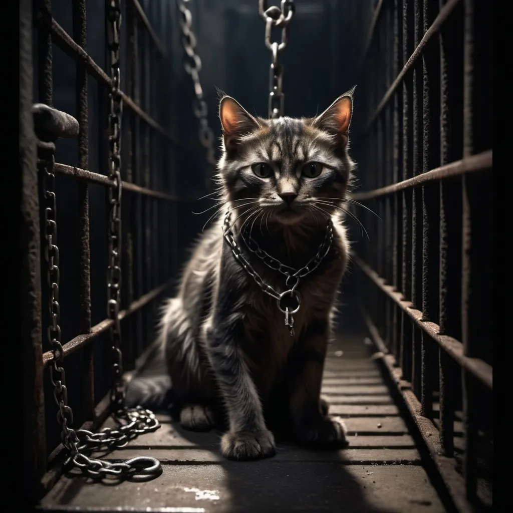 Prompt: (Evil hybrid cat and human boy), fierce expression, long fluffy tail, cat-like paws on a human body, trapped in a dark, rusty cage, wearing torn pants, glaring intensity, chain necklace dangling from mouth, heavily chained by neck, hands, and feet to a cold cell, shadows casting ominous tones, deeply atmospheric, gritty and dramatic ambiance, ultra-detailed, high quality, haunting mood.