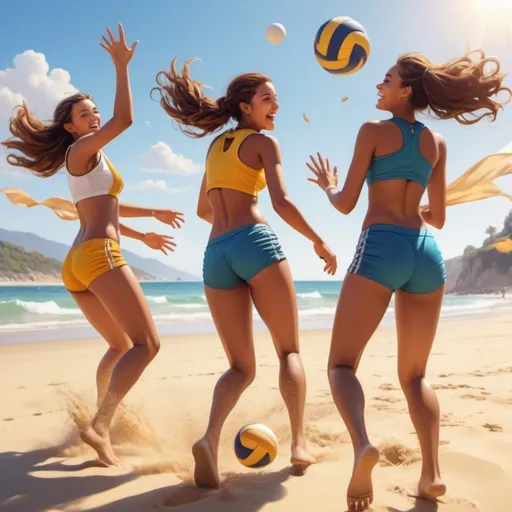 Prompt: 4 girls playing volleyball on the beach while shells keep flying at them