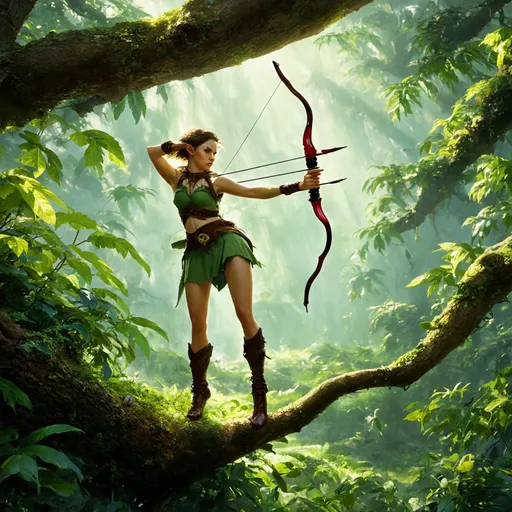 Prompt: Elf woman ranger, in a mystical fantasy jungle, shooting a tree while on a tree branch,sunlight shinning through the leaves in mid day