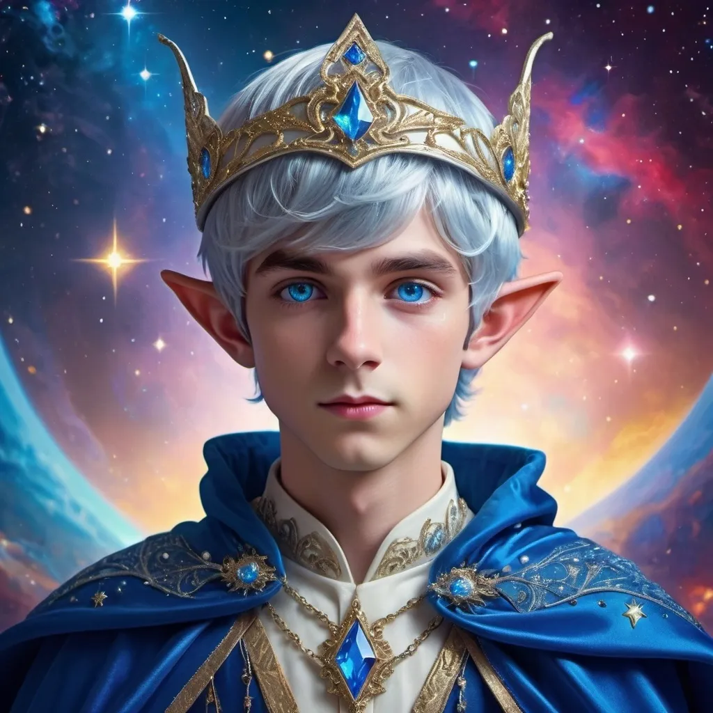 Prompt: A fantasy royal elf boy,blue eyes,blue short hair,silver bangs,royal clothing,white royal cape,royal head piece,(setting space)