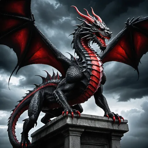 Prompt: Black and red dragon with blood dripping from mouth and on a pillar in the sky with chains around its neck and ankles
