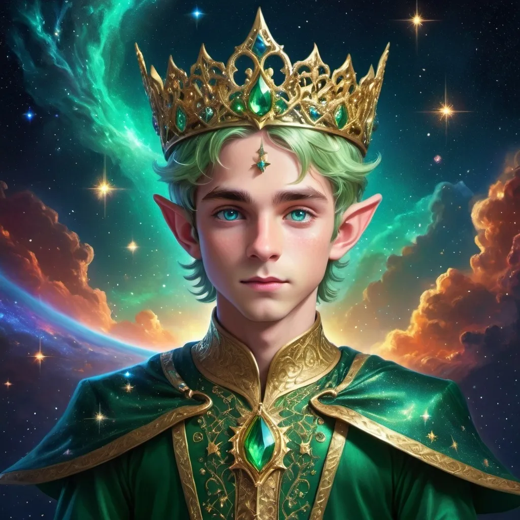 Prompt: Royal boy elf green and gold royal clothes blue eyes royal headpiece in the middle of space