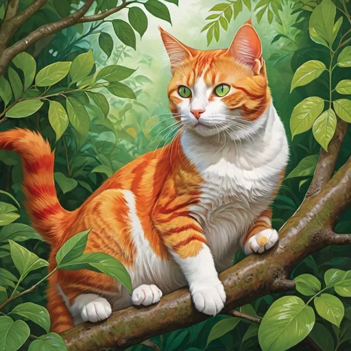 Prompt: Orange and red male cat green eyes with a white stomach on a branch with a bird at its paws half grown
