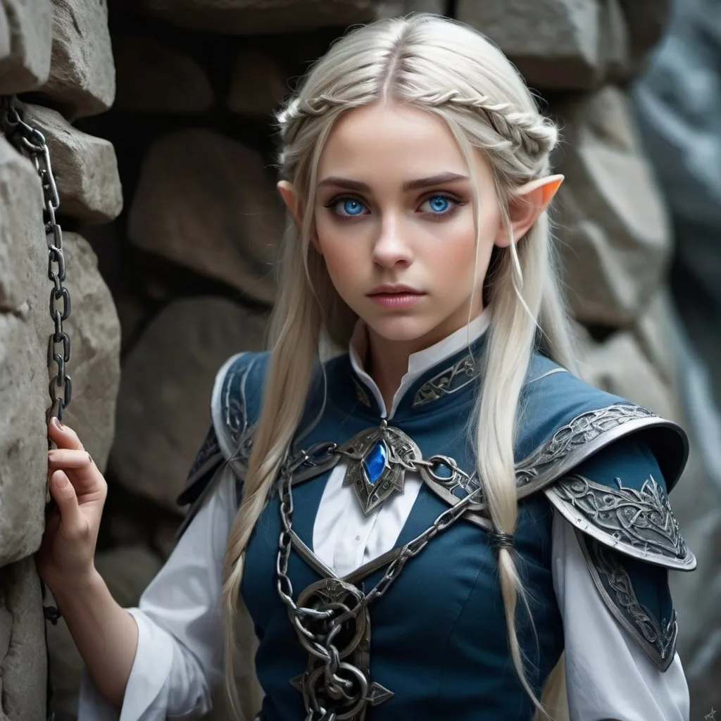 Prompt: (elf girl), long hair cascading on one side, striking blue eyes, clean and crisp uniform, (chained to a jagged stone wall), intricate details in the uniform, ethereal ambiance, emotional intensity, cool tones, somber lighting, (highly detailed), captivating contrast between delicate features and rugged background, subtle reflections of light emphasizing textures.