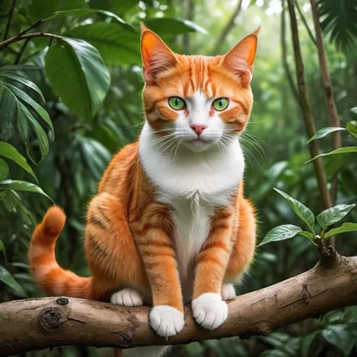 Prompt: Orange and red male cat green eyes with a white stomach and a orange and red neck on a branch in a jungle with a bird at its paws half grown
