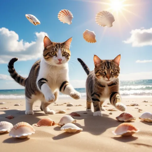 Prompt: A few cats playing spike ball on the beach
