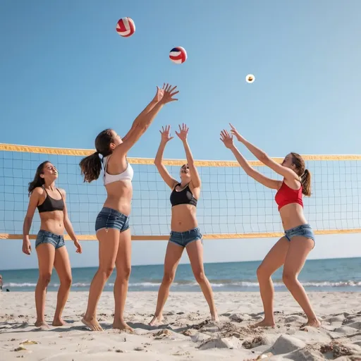 Prompt: 4 girls playing volleyball on the beach while shells keep flying at them