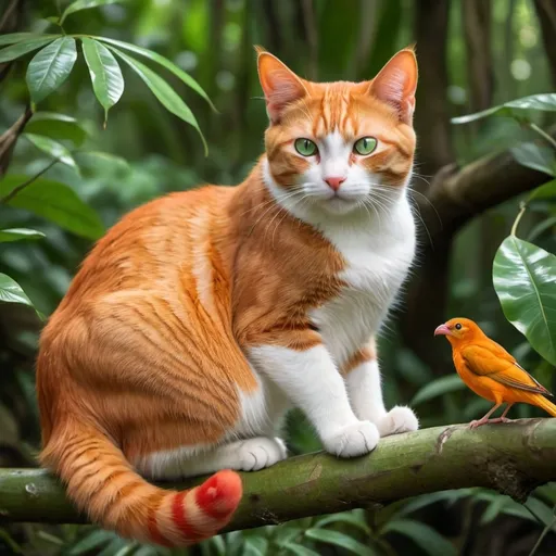 Prompt: Orange and red male cat green eyes with a white stomach on a branch in a jungle with a bird at its paws half grown
