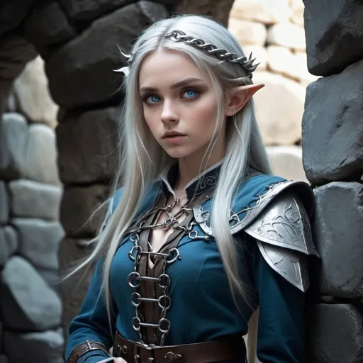 Prompt: (elf girl), long hair cascading on one side, striking blue eyes, clean and crisp dungeon uniform, (chained to a jagged stone wall), intricate details in the uniform, ethereal ambiance, emotional intensity, cool tones, somber lighting, (highly detailed), captivating contrast between delicate features and rugged background, subtle reflections of light emphasizing textures.