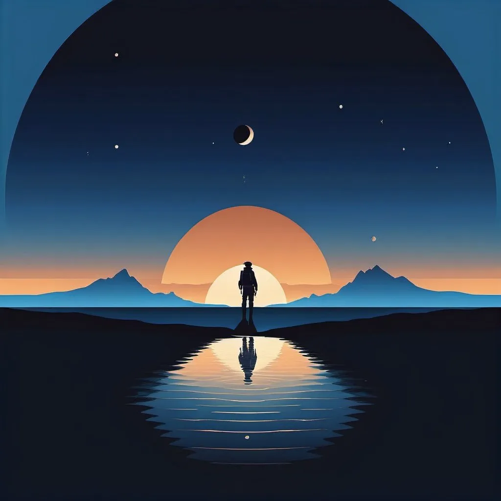 Prompt: Symbolic minimalist illustration of exploration and adventure, beyond the horizon, minimalist style, no text, high quality, symbolic, adventure, discovery, warm tones, deep blue, minimalist, evocative, exploration, mystery, vastness