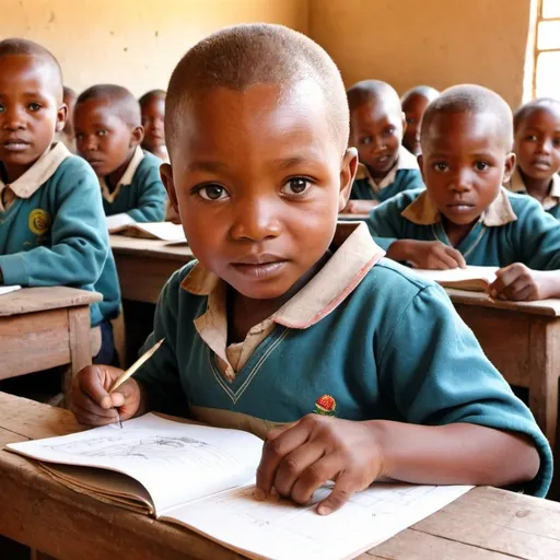Prompt: /imagine Lesotho Electricity Company reaching out to needy children in schools. Create with african child in school