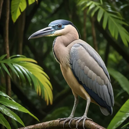 Prompt: (boat billed heron in Costa Rica), realism style, warm color scheme, lush tropical rainforest, vibrant flora, dynamic bird species, tranquil atmosphere, immersion in nature, detailed textures, natural lighting, wildlife observation, breathtaking landscapes, eco-tourism experience, high-resolution, ultra-detailed.