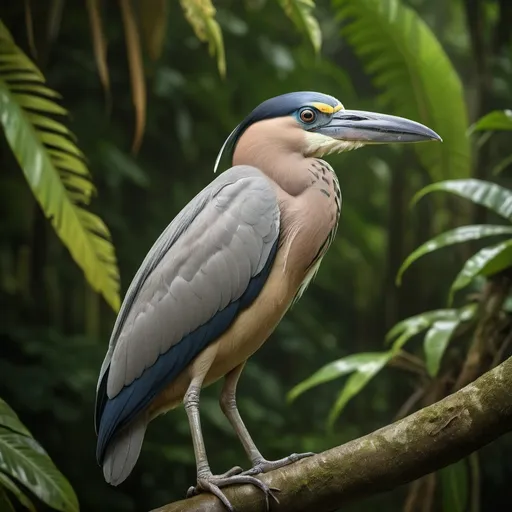 Prompt: (boat billed heron in Costa Rica), realism style, warm color scheme, lush tropical rainforest, vibrant flora, dynamic bird species, tranquil atmosphere, immersion in nature, detailed textures, natural lighting, wildlife observation, breathtaking landscapes, eco-tourism experience, high-resolution, ultra-detailed.