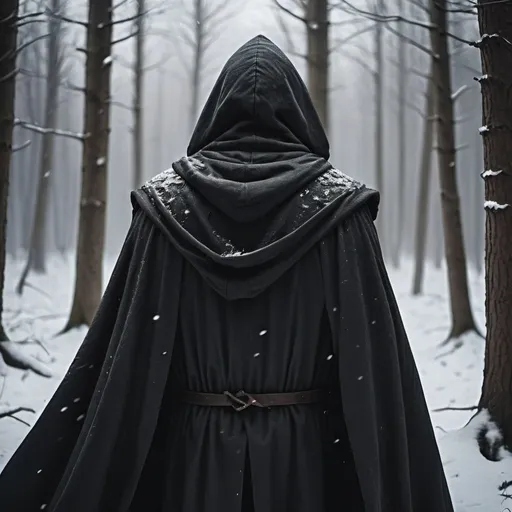 Prompt: A dark fantasy man in forest  covered with snow with dark dirty cloak facing back and his hood is on his back is covered with cloak