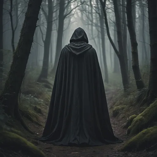 Prompt: A dark fantasy man in forest with dark dirty cloak facing back