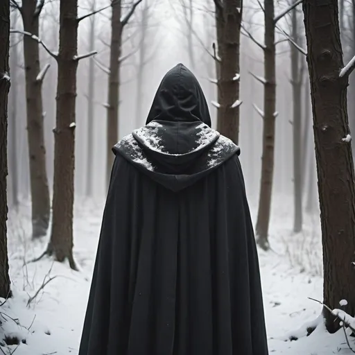 Prompt: A dark fantasy man in forest  covered with snow with dark dirty cloak facing back and his hood is on his back is covered with cloak and you can see fool body